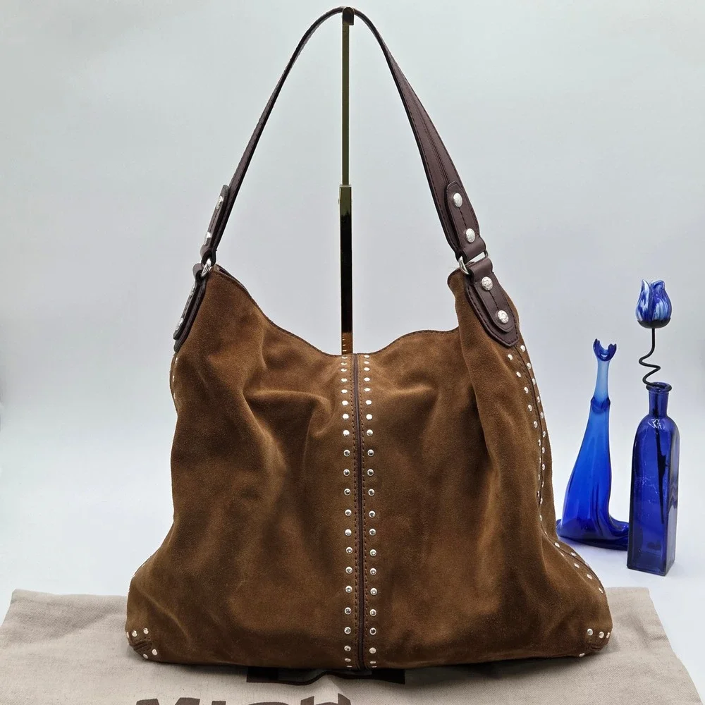 Michael Kors Large Slouchy Suede Hobo Bag Brown Studded Leather Y2K Dust Bag